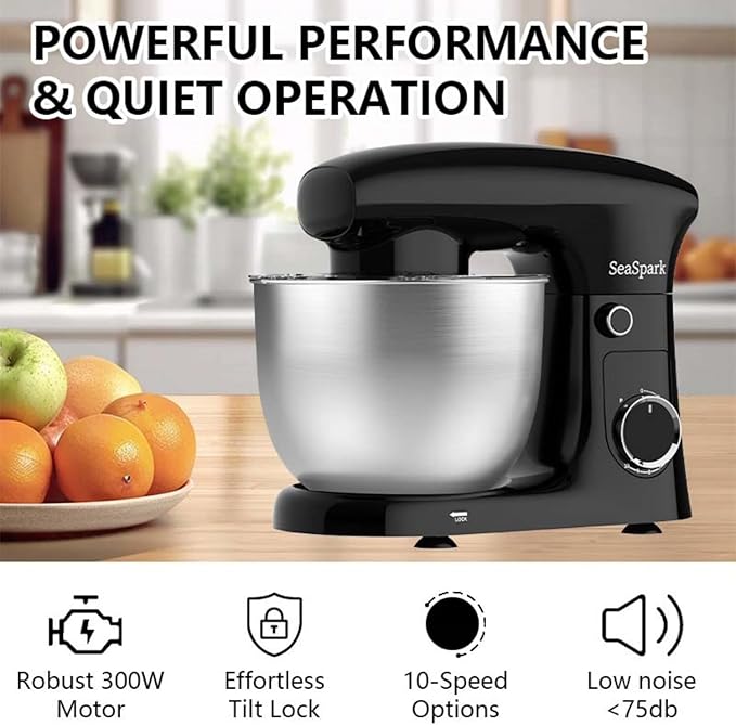 SeaSpark Stand Mixer, 3 in 1 Stand Mixer, 5.5Qt Electric Mixer, Mixer with Stainless Dough Hook, Wire Whip & Beater, Food Mixer for Baking, Cake and Most Home Cooks, Black
