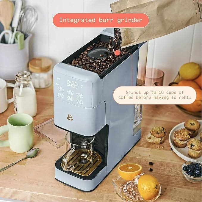 Beautiful Perfect Grind Programmable Single Serve Coffee Maker, Burr Grinder, 64 oz Reservoir, 6 Brew Sizes by Drew Barrymore (Cornflower Blue)