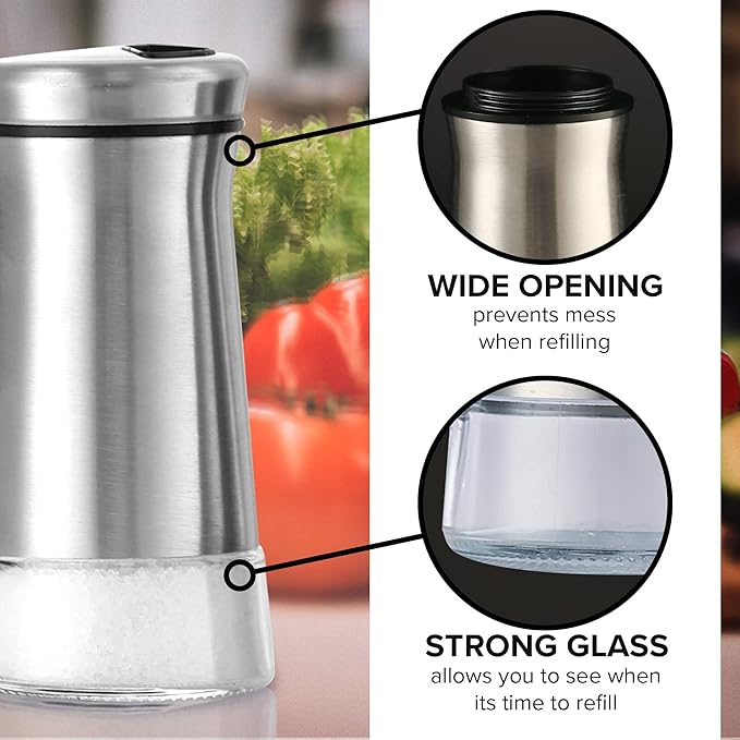 The Original Salt and Pepper Shakers set - Silver- Spice Dispenser with Adjustable Pour Holes - Stainless Steel & Glass Set of 2 Bottles