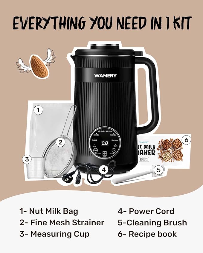 Wamery 32oz Nut Milk Maker Machine (Black) - Soy Milk Maker for Almond & Oat, Automatic Heated Programs, Self‑Cleaning, Delay Start, Keep Warm & Boil Water, 1‑Liter Capacity with Starter Accessories