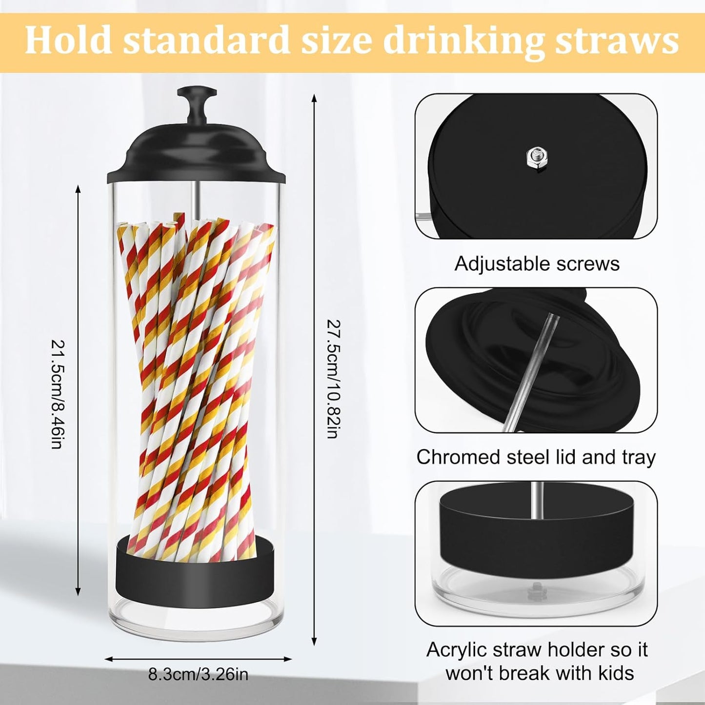 Straw Holder for Standard Size Drinking Straws, Acrylic Plastic Straw Dispenser for Counter with Lid Black - Pack of 2(Straws Not Include)