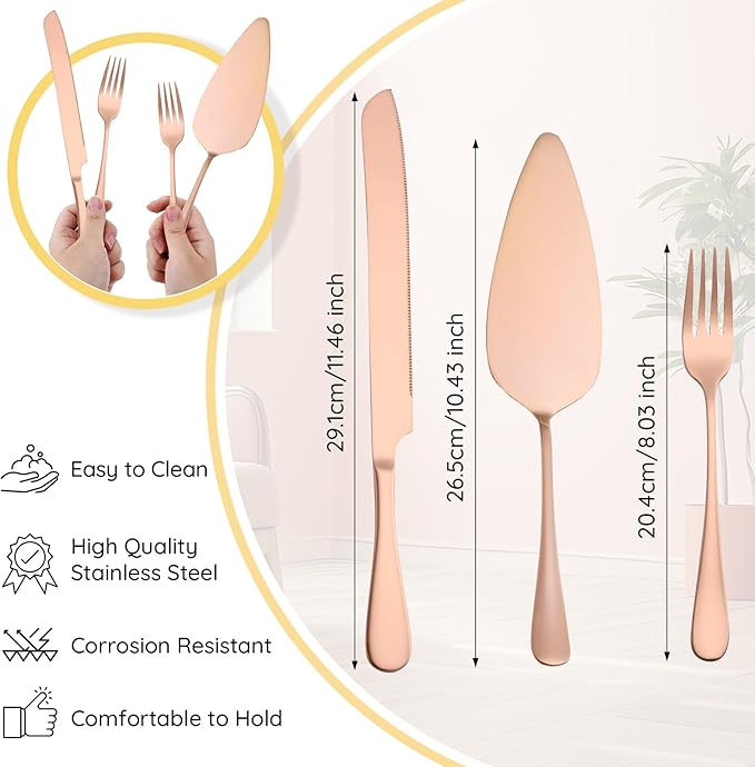Suream Rose Gold Pie Server Spatula, 4 Pieces Cake Cutter Set for Wedding, Stainless Steel Pie Knife for Wedding Engagement Bridal Shower Gifts(11 Inch)