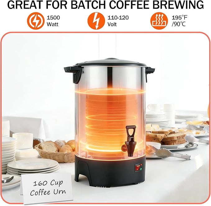 Large Commercial Coffee Urn 160 Cup Percolate Coffee Maker Stainless Steel Hot Beverage Dispenser with Cool-Touch Handles, Quick Brewing for Catering, Business, Church, Restaurant, Wedding, Gathering
