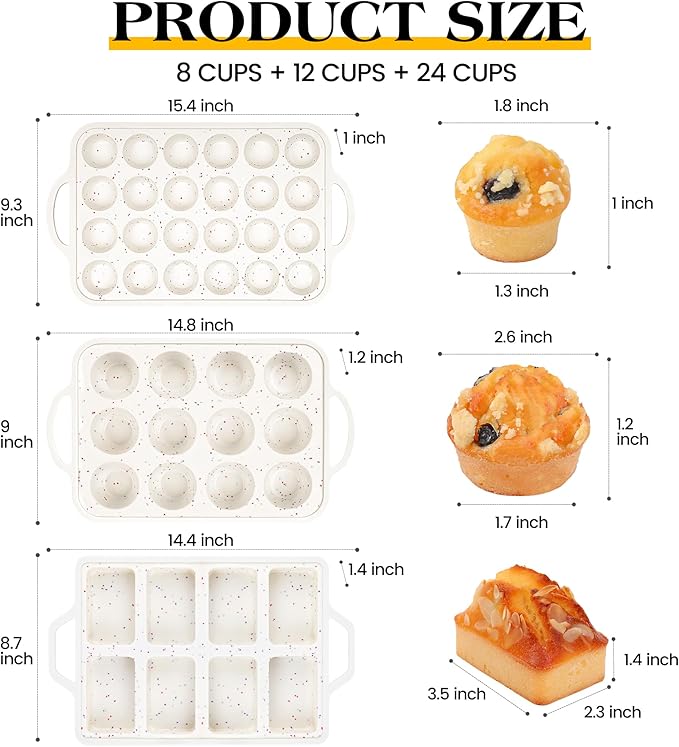AOTASO 3 Pcs Silicone Baking Pan Set - Including 1 Pc Mini Loaf Pan, Standard Muffin Pan and Mini Muffin Pan - Silicone Cupcake Molds With Metal Reinforced Frame (Cream)