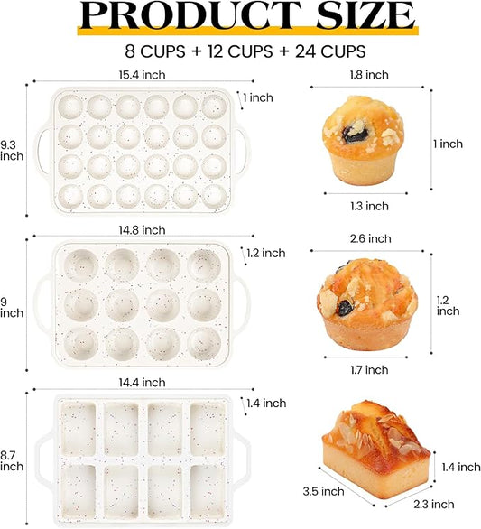 AOTASO 3 Pcs Silicone Baking Pan Set - Including 1 Pc Mini Loaf Pan, Standard Muffin Pan and Mini Muffin Pan - Silicone Cupcake Molds With Metal Reinforced Frame (Cream)