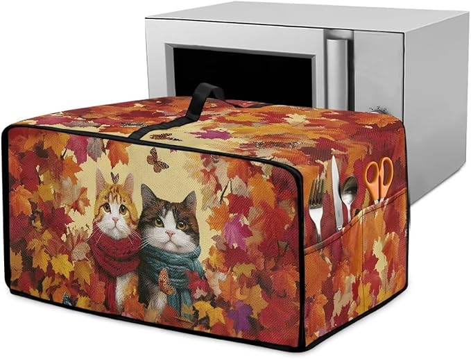 Doojoayie Cute Cat Toaster Cover 4 Slice Dust-Proof Toaster Oven Cover Stain Resistant Bread Machine Covers with Autumn Leaf Print Thanksgiving Home Kitchen Decoration