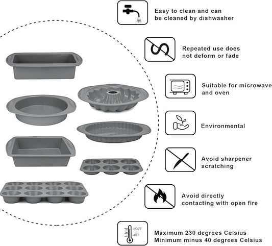 9in1 Nonstick Silicone Baking Bundt Cake Pan Cookie Sheet Molds Tray Heat Resistant Bakeware Tools Kit for Muffin Loaf Bread Pizza CupcakeUtensil