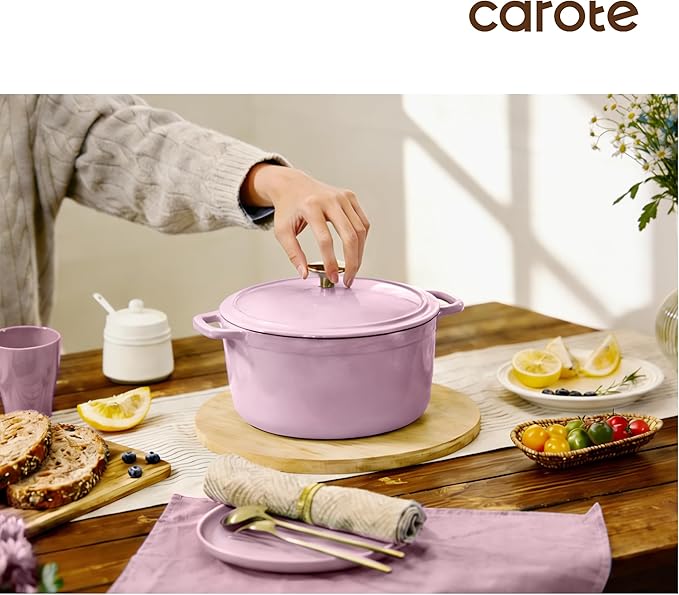 CAROTE 5QT Enameled Cast Iron Dutch Oven Pot with Lid, Heavy-Duty Dutch Ovens for Sourdough Bread Baking, Braising, Roasting, Dual Handles, Healthy & Non-Toxic, All Stovetop Compatible, Oven Safe up to 500° F, Macaron Purple