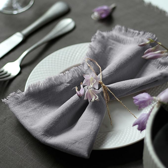Handmade Cloth Napkins 100% Cotton Napkins with Fringe，Delicate Handmade Cloth Napkins for Dinners, Parties, Weddings and More，18 x 18 Inch Set of 6 - Grey