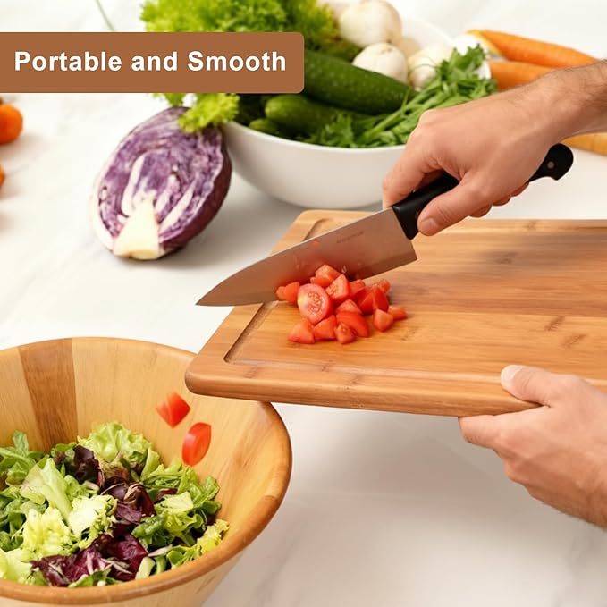Tafopue Bamboo Cutting Board, Large Kitchen Chopping Board with Deep Juice Groove & Built-in Handle, Reversible Wooden Charcuterie Board and Serving Tray for Meat, Bread, Fruit, Daily Use, 16×11×0.6''