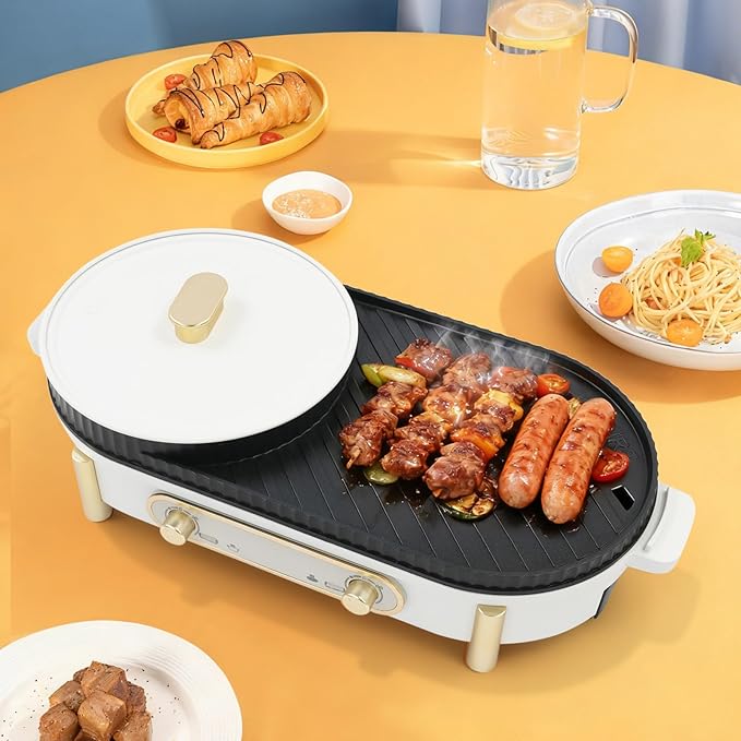 Hot Pot with Grill, 2 in 1 Indoor Non-Stick Electric Hot Pot and Frying Pan, Dual Temper Control, Fast Heating for BBQ Steaks, Portable Multifunct BBQ Grill for Outdoor Party (C-Round Pot)