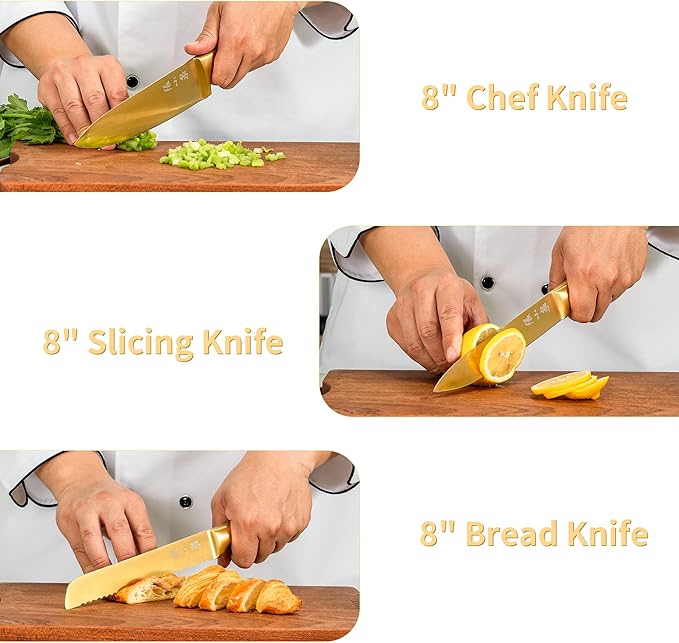 ZHANG XIAO QUAN Gold Knife Set with White Block, High Carbon Stainless Steel Knife Set, Razor-Sharp and Durable, Hundreds of Years of Masterful(15Pcs)