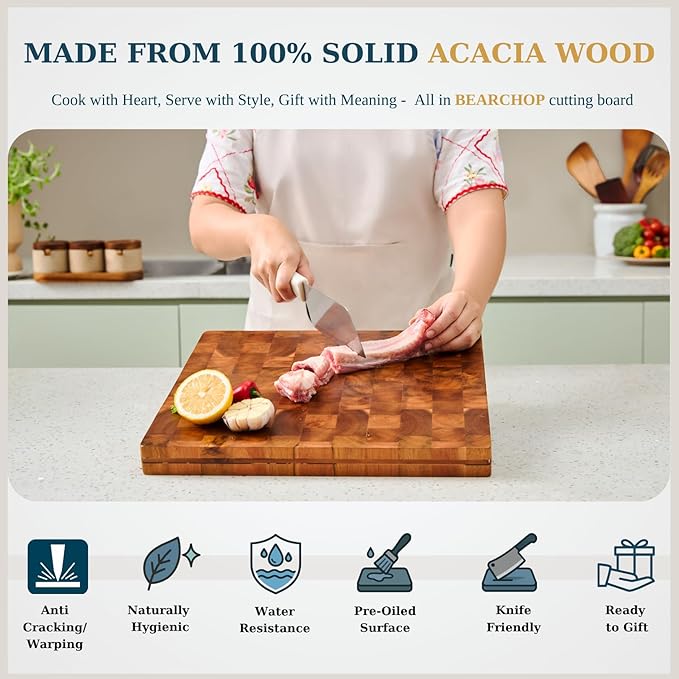 Bearchop Square Acacia Wood Cutting Board for Kitchen with 4-Side Reinforced Bar for Anti Crack/Warp, [14"x14"x1.25"] End Grain Cutting Board, Wooden Butcher Block with Gift Box