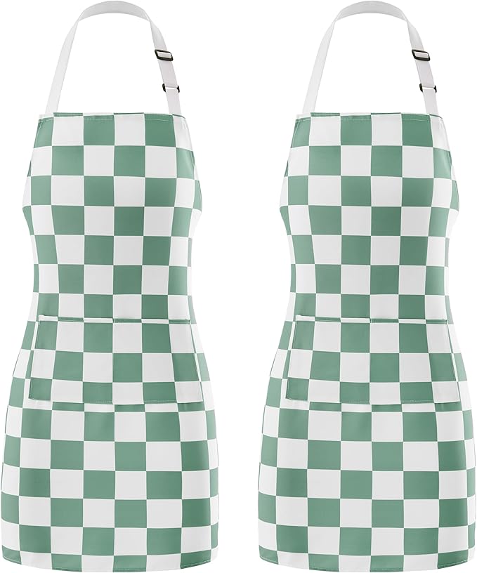 2 Pack Checkered Kitchen Apron, Sage Green Checkerboard Aprons for Women with Pockets, Chef Apron for Men, Waterproof Aprons for Cooking