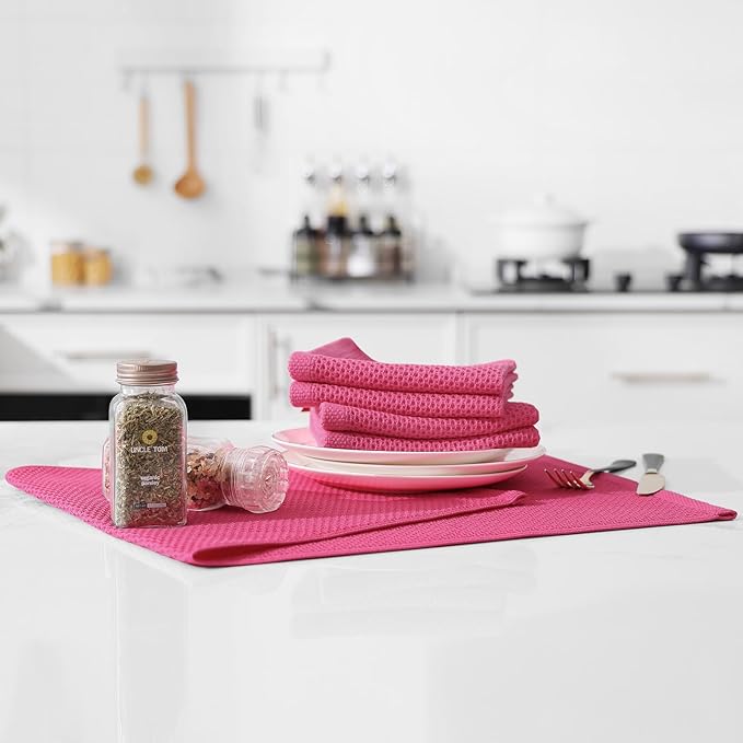 Kitinjoy 100% Cotton Waffle Weave Kitchen Towels, 4-Pack Super Soft and Absorbent Dish Towels for Drying Dishes, Kitchen Hand Towels, 13 in x 28 in, Hot Pink