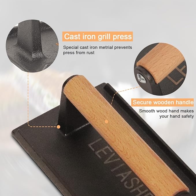 2.2 lb Heavy Duty Cast Iron Grill Press, 7.8X3.9 inch Rectangle Bottom Granular Burger Press with Wood Handle for Blackstone, Chef, Camp, Panini, Vegetable, Bacon, Sandwich, BBQ, 2 Pack