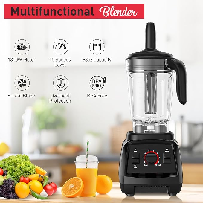 JUSANTE Smoothie Blender, 1800W Countertop Professional Blender Juicer for Kitchen Ice Crusher or Juice, Milkshake, Dessert (Black)
