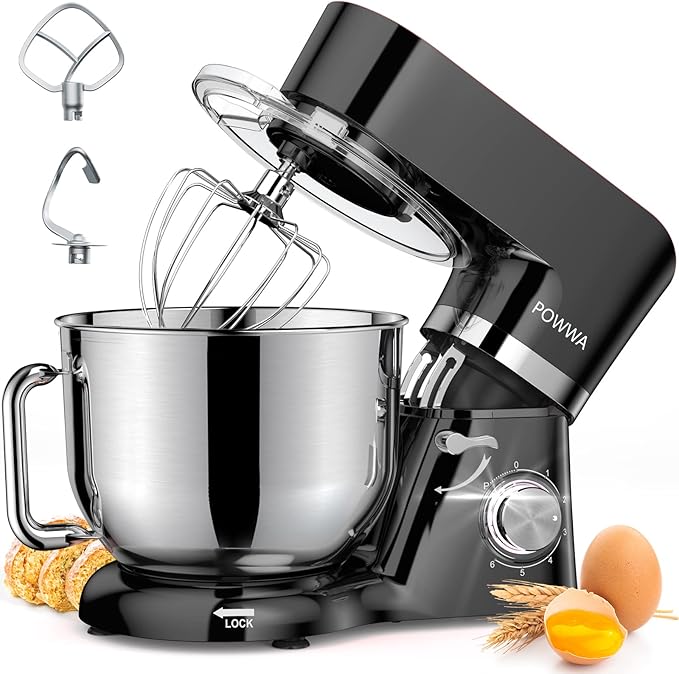 POWWA 6.5 Quart Electric Mixer, 6+1 Speed 660W Tilt-Head Kitchen Food Mixers with Whisk, Dough Hook, Mixing Beater & Splash Guard for Baking, Cake, Cookie, Kneading, ETL Certified (Black)