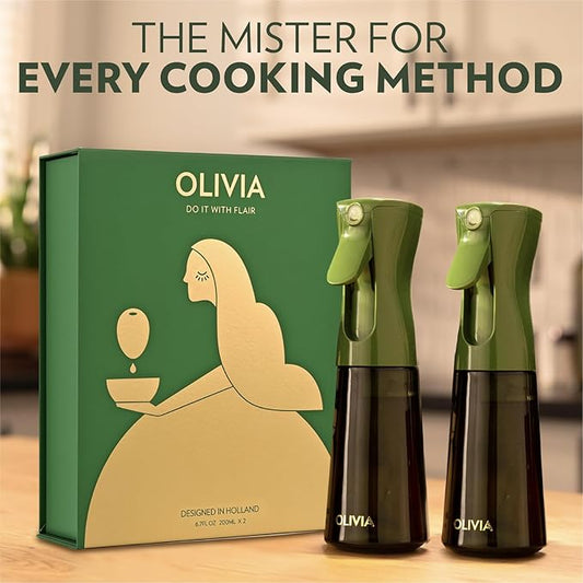 FLAIROSOL OLIVIA Oil Sprayer for Cooking, 2 Pack Green Glass Olive Oil Sprayer, 200ML Oil Dispenser for Kitchen, Continuous Oil Spray Bottle with Portion Control for Air Fryer, Salad, BBQ