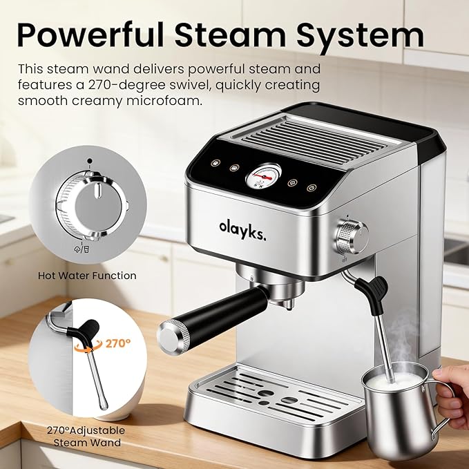 olayks. Espresso Machine 20 Bar, Brush Stainless Steel Espresso Maker with Milk Frother Steam Wand, 1400W Espresso Coffee Machine with 1.8L Removable Water Tank for Latte, Cappuccino,Machiato