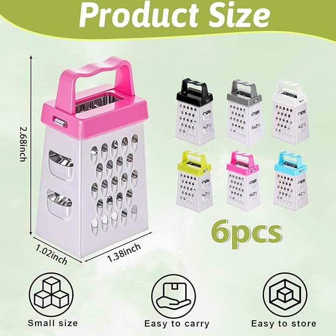 6 Pcs Mini Cheese Grater Professional Box Grater Stainless Steel Fine Coarse Handheld Slicer with 4 Sides Small Box Food Shredder Safe Zester (Blue + green + purple + black + white + gray)