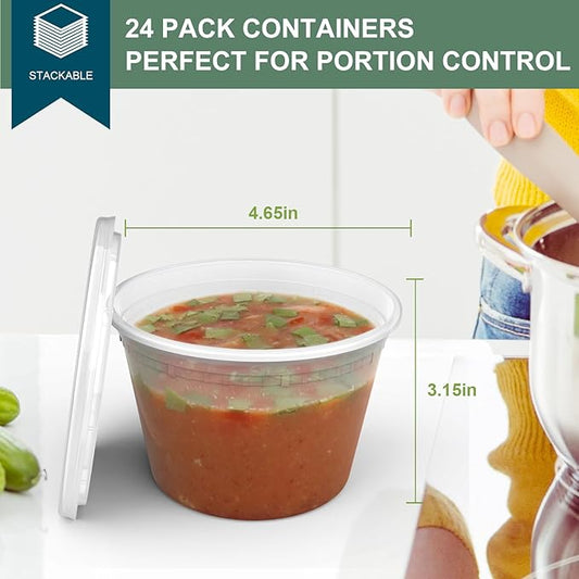 Deli Containers with Lids 16 oz [24 Set] - Food Storage Containers with Lids Freezer Safe, Soup Containers for Restaurant, BPA Free | Portion Control | Leakproof | Microwave| Washable…