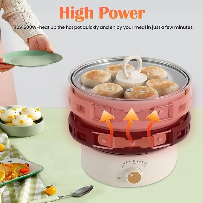 Portable Electric Hot Pot,500W Mini Electric Cooker w/Foldable Handles & Steamer,Non-stick Frying Pan,Multi-Functional Ramen Noodle Cooker Power Adjustment for Steaks,Soup,Pasta (White)