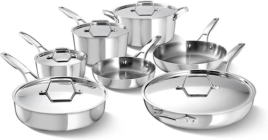 Calphalon Premier Polished 5-Ply Stainless Steel Cookware Set w/Turbo Heat Tech 12 Piece Includes Frying Pans, Pots and Pans Set, Induction, Oven Safe 500F, Silver