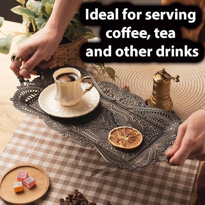 Small Antique Moroccan Coffee Tea Serving Tray Decor Decorative Handles Rectangle - Antique Arabic Brass Metal Fancy Rustic Farmhouse Candle Rectangular Bar Style Traditional Vintage Home Decor Tray