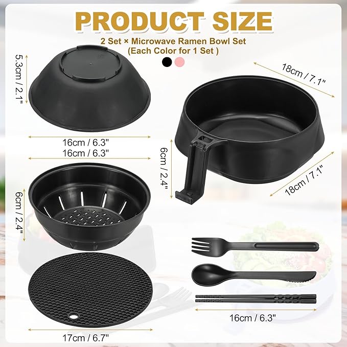 uxcell 2 Sets Microwave Ramen Bowl Set, Wheat Fiber Noodle Bowls Plastic Cooker with Lid Handle Fork Spoon Chopsticks for College Dorm Room Apartment, (Black/Pink)