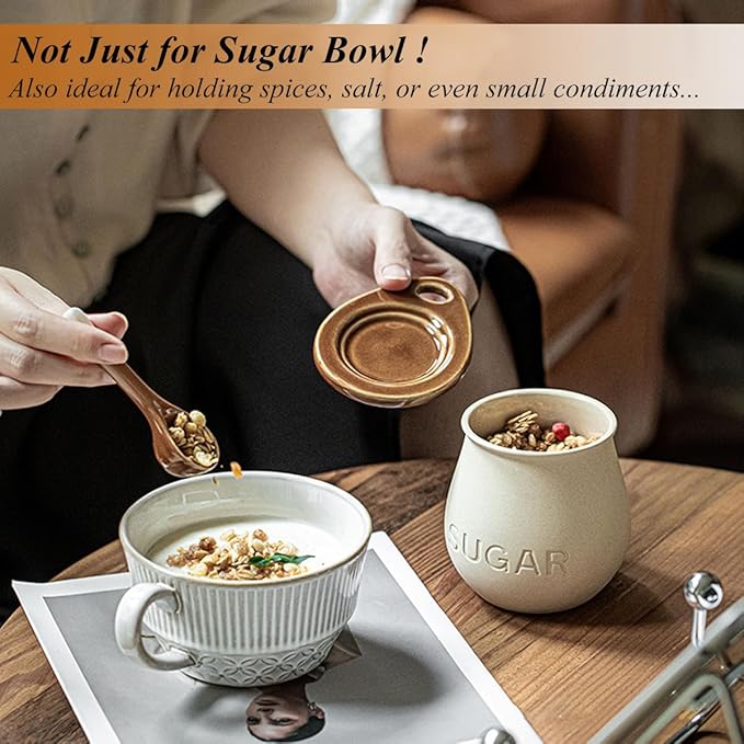 Ceramic Sugar Bowl with Lid and Spoon, 16 Oz Sugar Container for Coffee Bar Decor, Farmhouse Sugar Jar Sugar Dispenser, Vintage Kitchen Decor and Accessories (1 Pack)