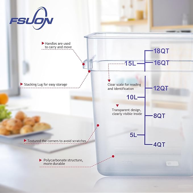 FSUON 4 Pack Clear Food Storage Containers with Lids and Handles Polycarbonate Square Commercial Food Containers, NSF (18Qt)