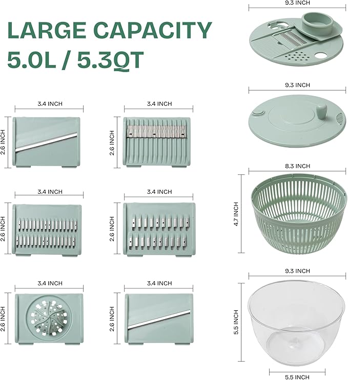 Large Salad Spinner 7-in-1 – Vegetable & Fruit Washer, Dryer, Slicer, Shredder, Juicer – Non-Slip, BPA-Free, Dishwasher Safe Lettuce Spinner Bowl for Meal Prep (Green)