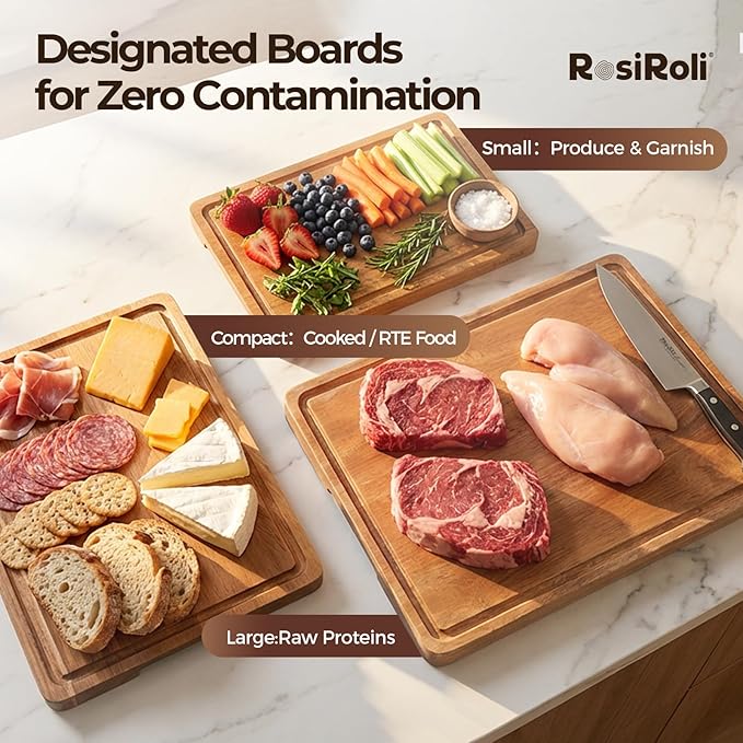 RosiRoli Acacia Wood Cutting Board for Kitchen, Set of 3 - Durable 1" Thick Chopping Boards with Juice Grooves & Handles for Prep & Serving, Impressive Gift for Housewarming, Christmas, and Home Chefs