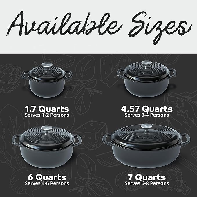 Segretto Cookware Enameled Cast Iron Dutch Oven, 6 Quarts, Black