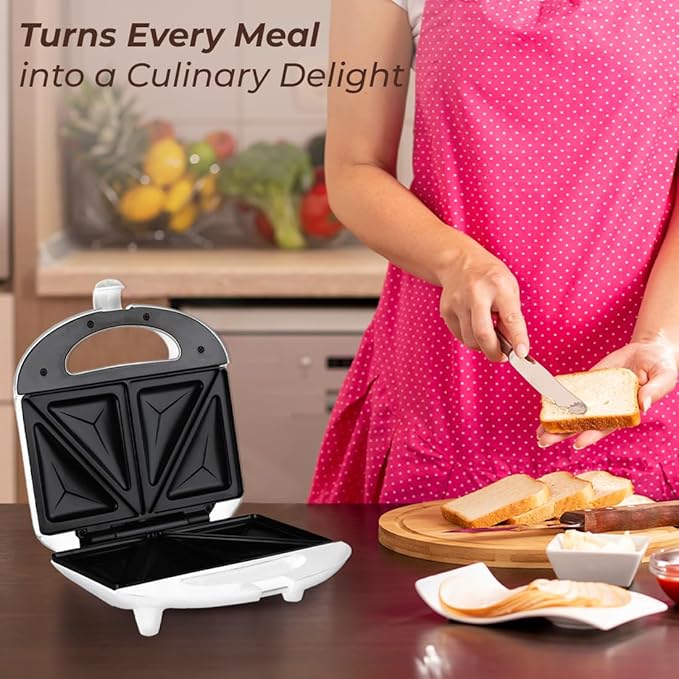 Sandwich Maker, Ideal for Making Sandwiches, Grill Cheeses, French Toast, and More, Non-Stick Sandwich Maker with Automatic Thermostat, 820-Watt Motor, Easy to Clean, White, SKM- 800 B