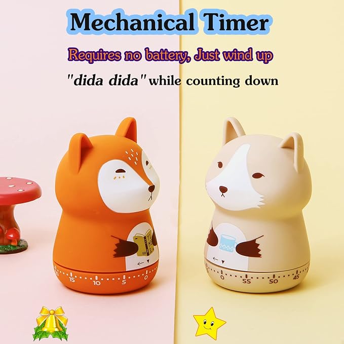 Mechanical Kitchen Timer, Cute Animal Timer for Kids, Wind Up 60 Minutes Manual Countdown Timer for Classroom, Home, Study and Cooking (Beige Wolf)