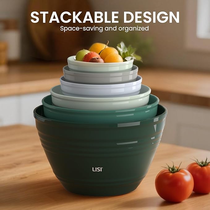LISI 6 Pack Mixing Bowl Set with Lids, Plastic Bowls for Kitchen, Nesting Salad & Meal Prep Bowls, BPA-Free, Large Storage Bowl with Airtight Lids