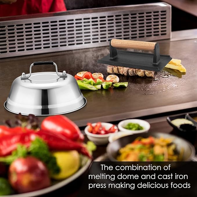 HaSteeL Melting Dome & Burger Press for Griddle, Stainless Steel 9In Basting Cover & Heavy Duty 8 x 4In Wooden Grill Press, Griddle Accessories Set Perfect for Flat Top Teppanyaki Cast Iron Outdoor