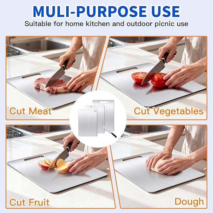 Titanium Cutting Board Set of 1, 18 * 12inches, Titanium Cutting Boards for Kitchen, Food Grade Metal Double Sided Chopping Boards for Kitchen Counter Meat Vegetable Fruit Outdoor Camping
