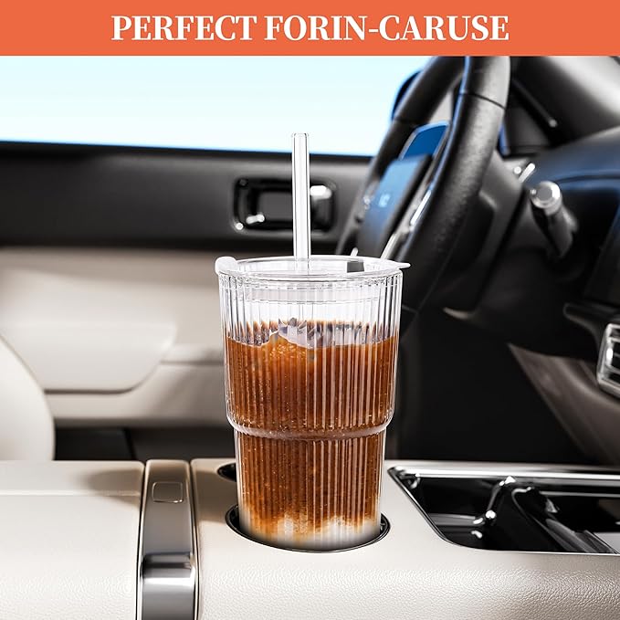 20 oz Ribbed Glass Tumblers With Lids and Straws,Clear Drinking Glasses Set of 4,Reusable Vintage Iced Coffee Cups,Leak Proof Thick Glass Cups for Juice,Cocktail,Smoothie,Beer,Boba