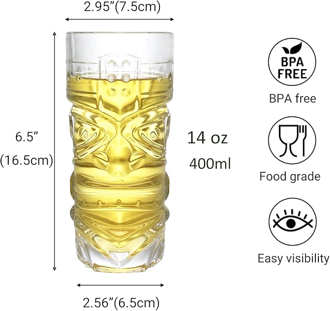 2 Pack 14oz Hawaiian Tiki Glasses for Cocktails, Lemonade, Ice Tea, Mixed Drinks, Modern Bar Tiki Cups Tiki Mugs, Cocktails Glasses Gift Sets