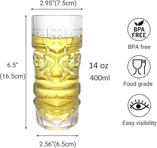 2 Pack 14oz Hawaiian Tiki Glasses for Cocktails, Lemonade, Ice Tea, Mixed Drinks, Modern Bar Tiki Cups Tiki Mugs, Cocktails Glasses Gift Sets