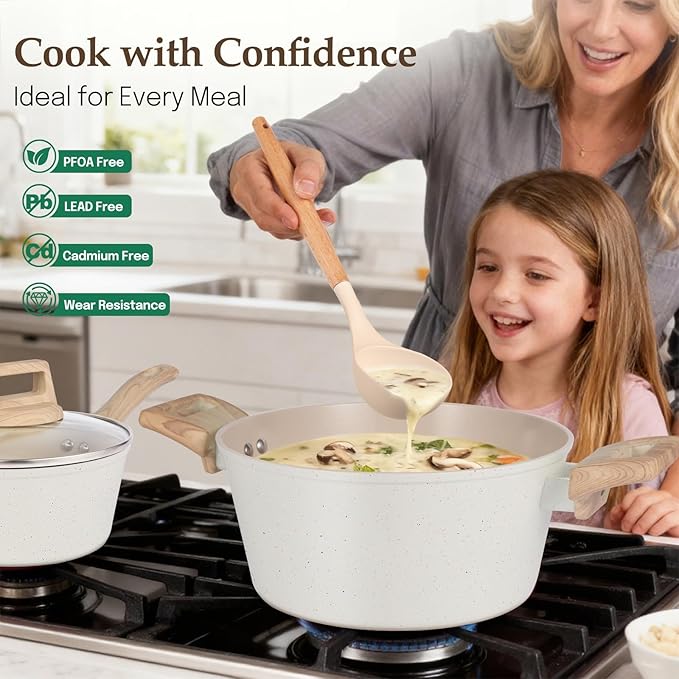 Pots and Pans Set Non Stick, Non-Toxic Ceramic Cookware Set, 11pcs Induction Cookware, Kitchen Cooking Set with Frying Pans, Saucepan, Stock Pot, PFOA Free & PFOS Free, Cream Color