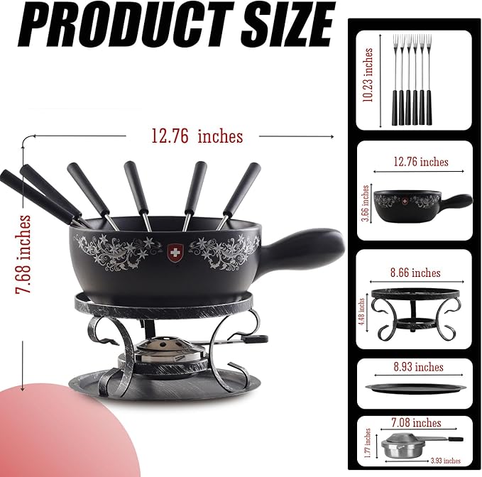 Artestia 2.11-Quart Swiss Design Ceramic Fondue Pot Set for Cheese, Chocolate Melting Pot with 6 Fondue Forks and Swiss Vintage Pattern, Perfect for 6 People, 10 Piece (AR-83008)