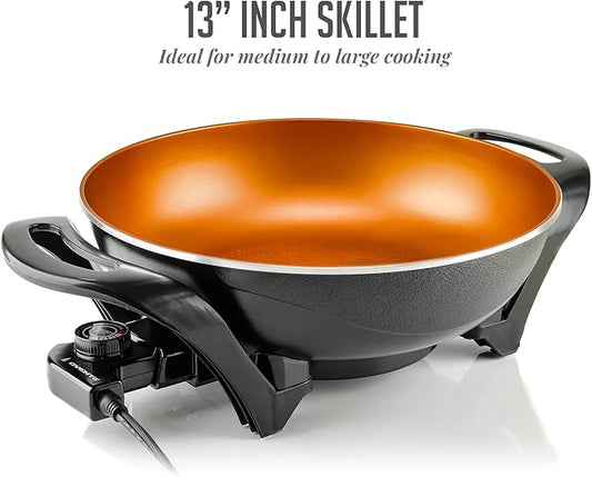 OVENTE Electric Wok with Nonstick Coating, 13 Inch Family-Sized Skillet, 1400W Power, Adjustable Temperature, Tempered Glass Lid, Cool Touch Handles and Easy to Clean Frying Surface, Copper SK3113CO