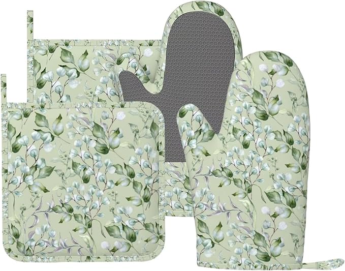Sage Green Eucalyptus Silicone Oven Mitts and Pot Holders Sets Watercolor Branches Leaves Kitchen Mitts Potholder Kitchen Accessories for Cooking Baking BBQ