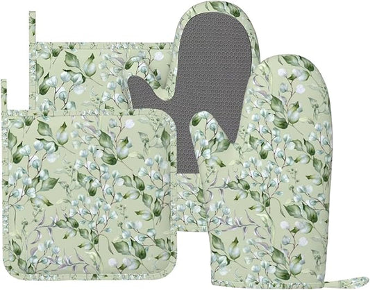Sage Green Eucalyptus Silicone Oven Mitts and Pot Holders Sets Watercolor Branches Leaves Kitchen Mitts Potholder Kitchen Accessories for Cooking Baking BBQ