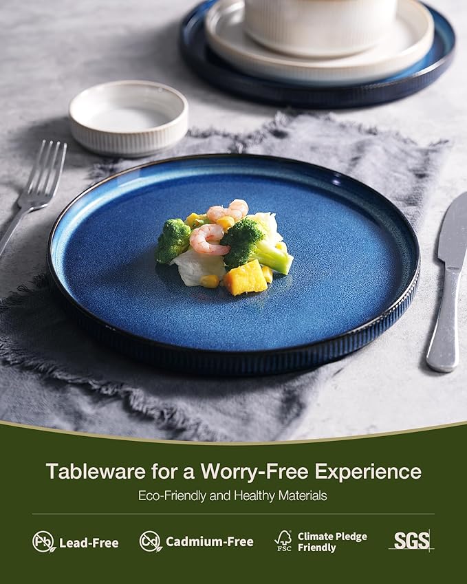 Famiware Star Dinnerware Set, Plates and Bowls Sets for 8 (24pcs), Ribbed Stoneware Dishes - Chip & Scratch Resistant, Microwave & Dishwasher Safe, Multicolor - Cappuccino White & Nebulas Blue