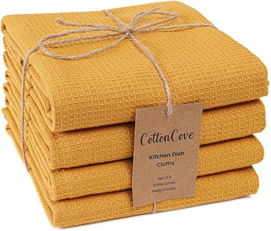 Waffle Kitchen Towels 100% Cotton Set of 4-320 GSM Quality - Soft Absorbent Durable Washable Dish Cleaning Towel for Kitchen & Home - Quick Drying Dish Towel 16x26 inch Mustard Yellow